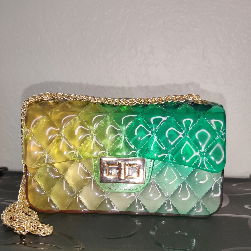 Multicolor Green/Yellow With Gold Quilted Chain Bag Dimensions 7" x 3.5" x 2.5"